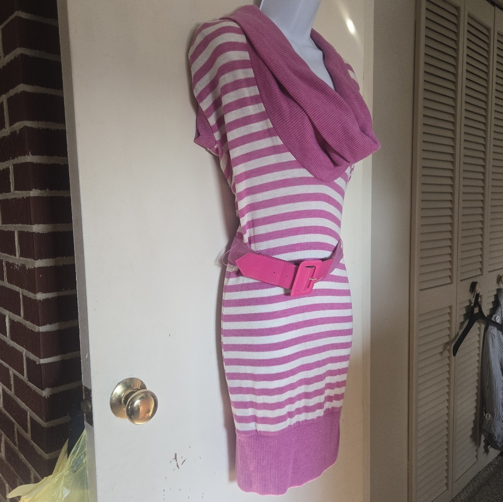 Poof- Pink and White- Stripped- Cowl Neck- Mini Dress with Belt- Large